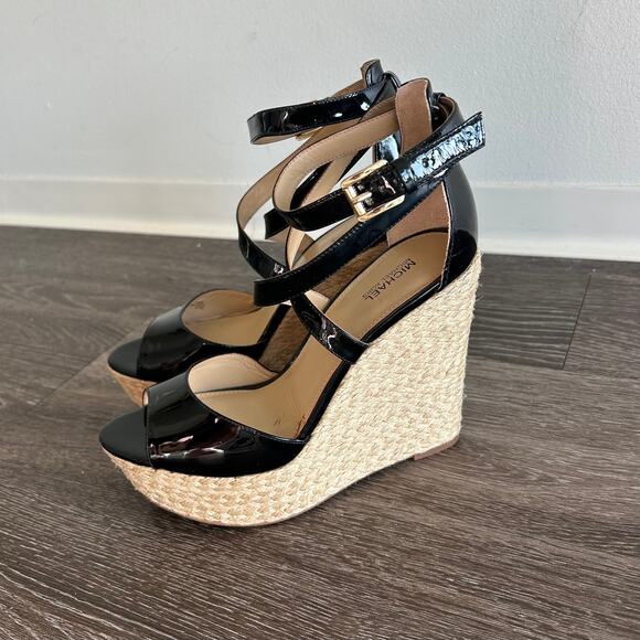 Michael Kors Gabriella Black Patent Leather Espadrille Wedges Platform Sandals - Picture 4 of 16